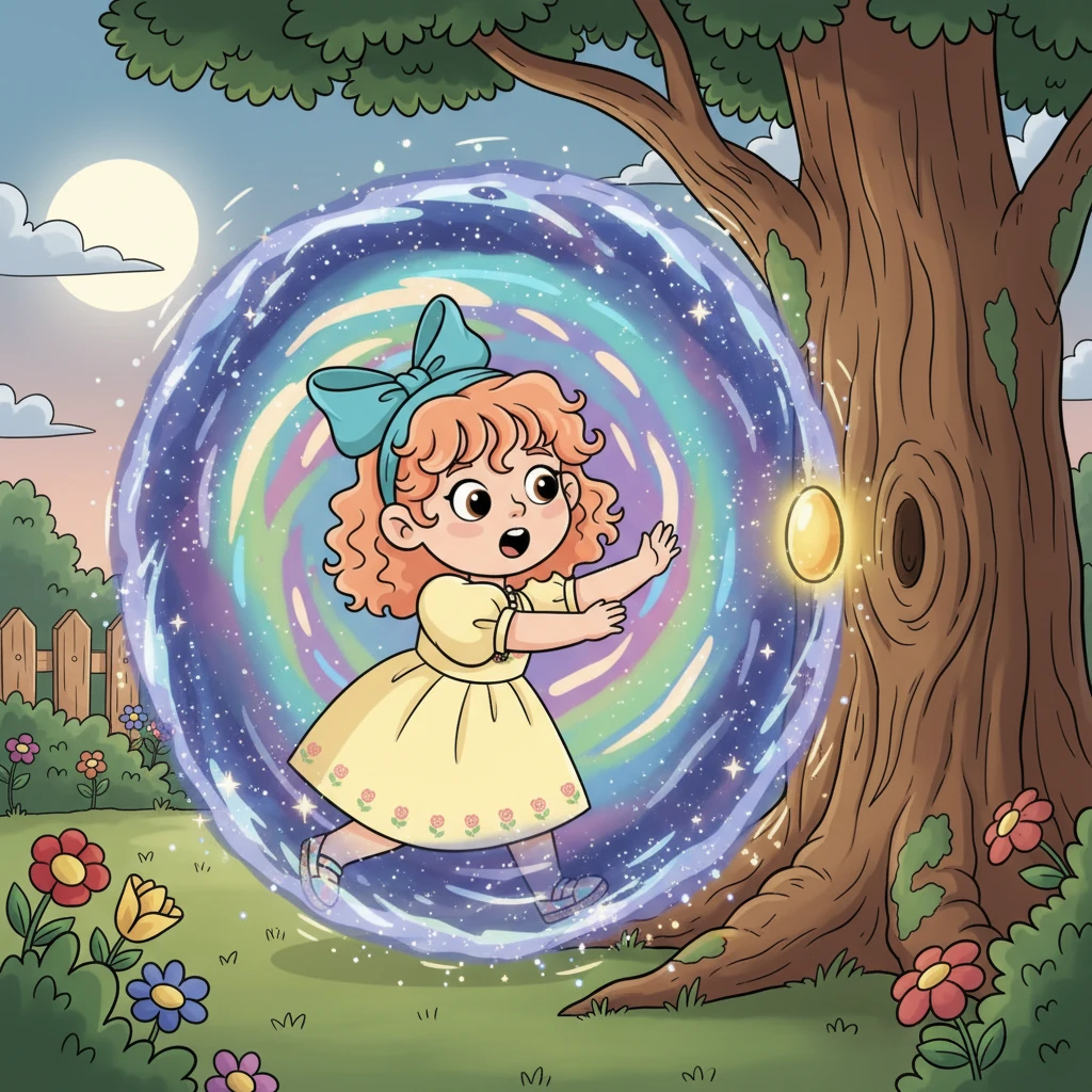 As Lily touches the glowing stone to the oak's trunk, a swirling portal of sparkling stardust opens before her. With a gasp of pure wonder, she steps bravely through, leaving her familiar garden behind. The air crackles with magic as she passes through.