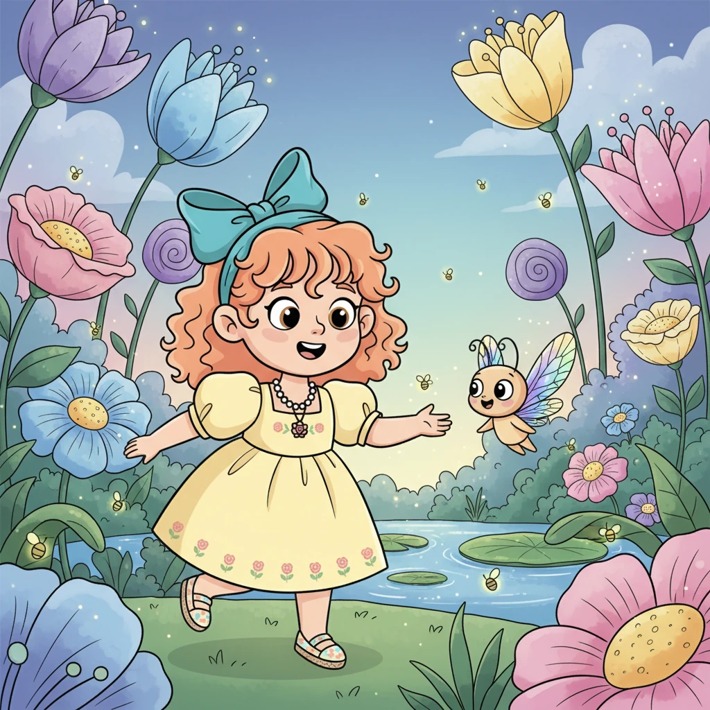 Lily emerges into Everbloom, a world painted in colors she'd never seen, with giant, luminous flowers and friendly, chattering fireflies. A tiny, winged creature with iridescent wings flutters down to greet her, its smile wide and welcoming. Everything here feels alive and joyful.
