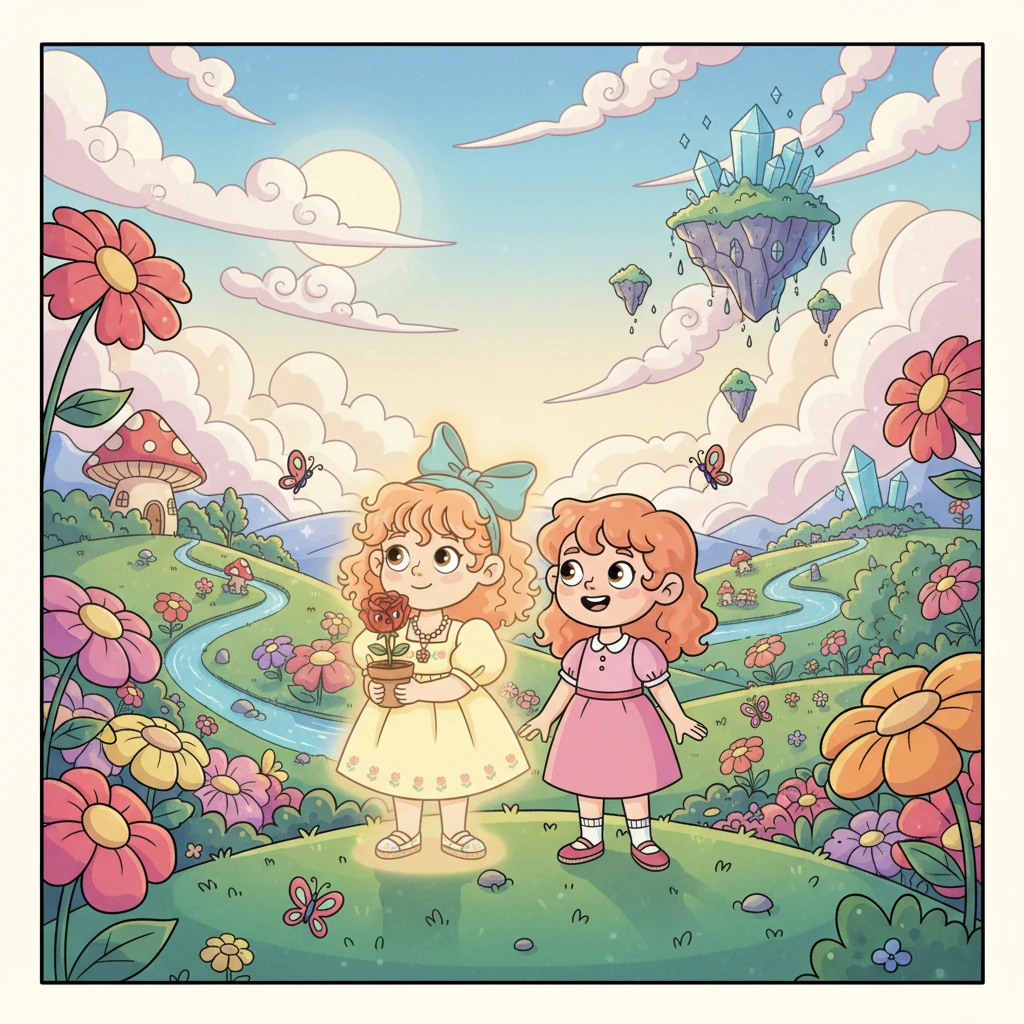 Rosaline, now glowing even brighter, appears beside Lily, delighted to see her friend in Everbloom. Together, they gaze at the breathtaking landscape, knowing this is just the beginning of many grand adventures. Lily smiles, her heart full of newfound magic and friendship.