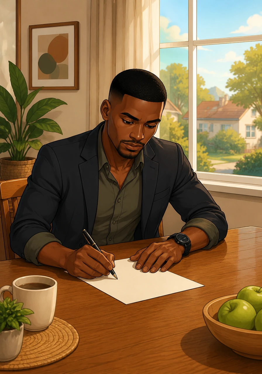 Oliver sits at a sturdy wooden dining table inside the brightly lit house at 249 15th Street, carefully writing a letter. His face is a mix of concentration and hope as he pens down thoughtful suggestions to improve the home he shares with others. Outside the window, the sun casts a warm, encouraging glow over the neighborhood.