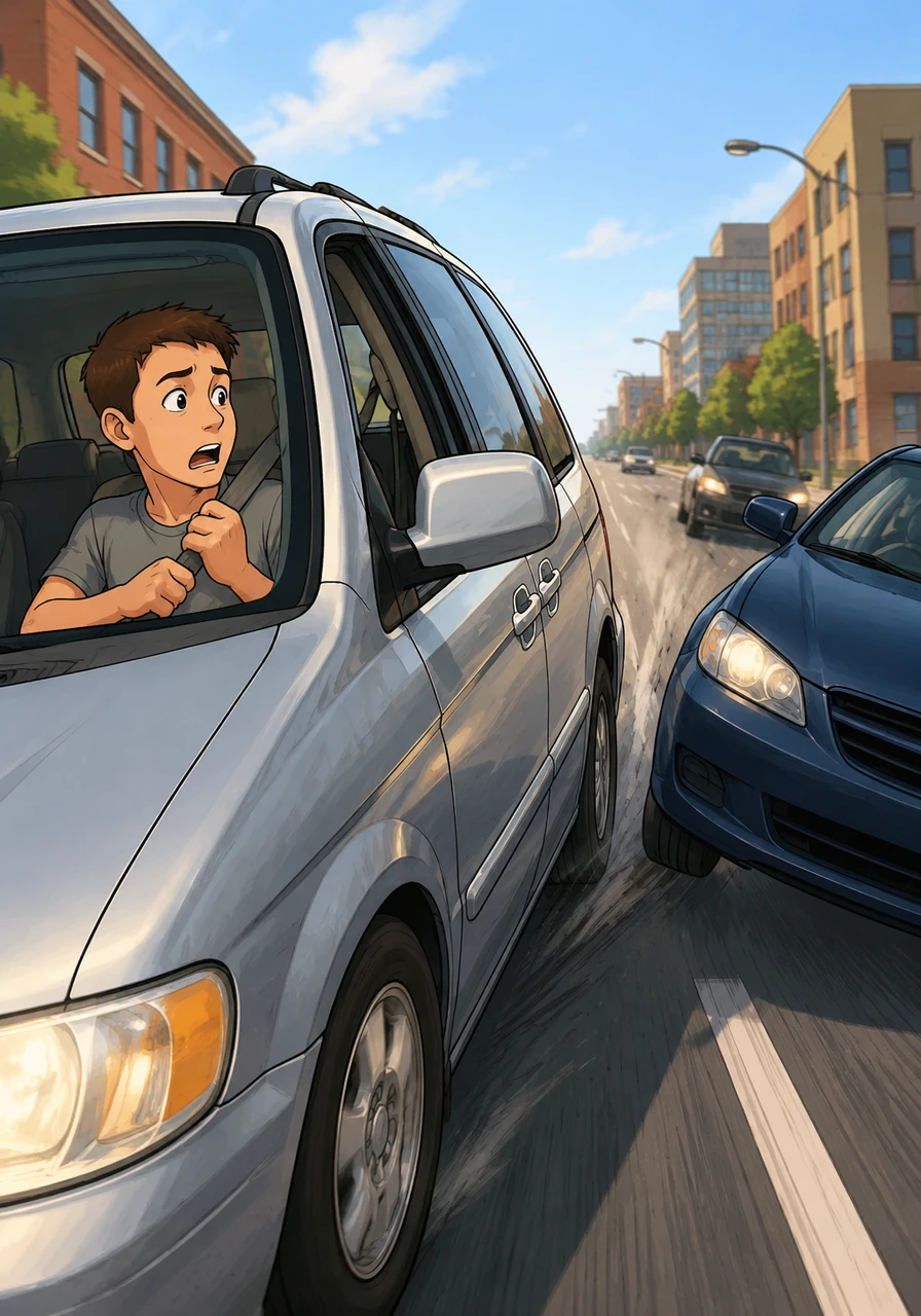 The scene shifts to a bustling morning in downtown Bangor, where a silver minivan narrowly avoids a sudden swerve from an oncoming car. Inside the minivan, Oliver clutches his seatbelt with a wide-eyed expression, realizing just how precious safety on the road truly is. This close call cements his determination to ask for better driving habits from the support staff.