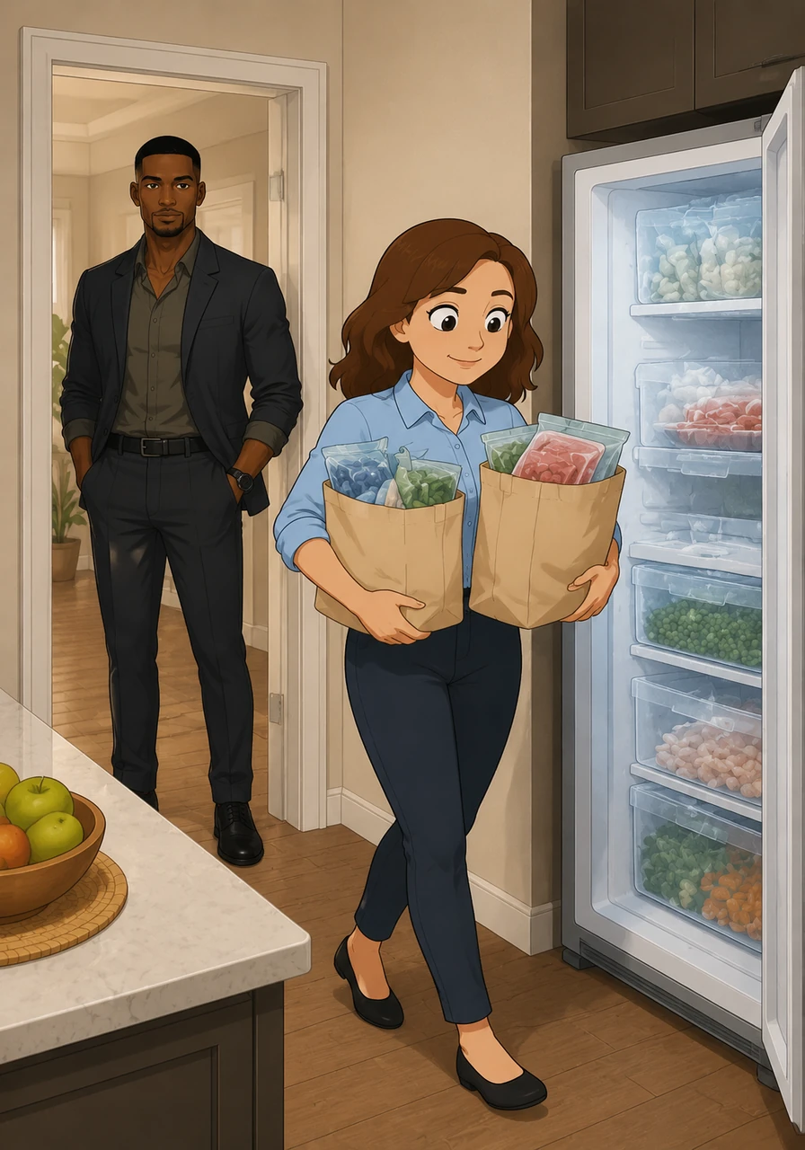 Back at the house, a staff member smiles warmly as they carry grocery bags packed with frozen goods straight from the car to the open freezer. There are no delays or long stops, ensuring the food stays perfectly fresh and safe for everyone in the household. Oliver watches from the kitchen doorway, feeling a deep sense of comfort and order.