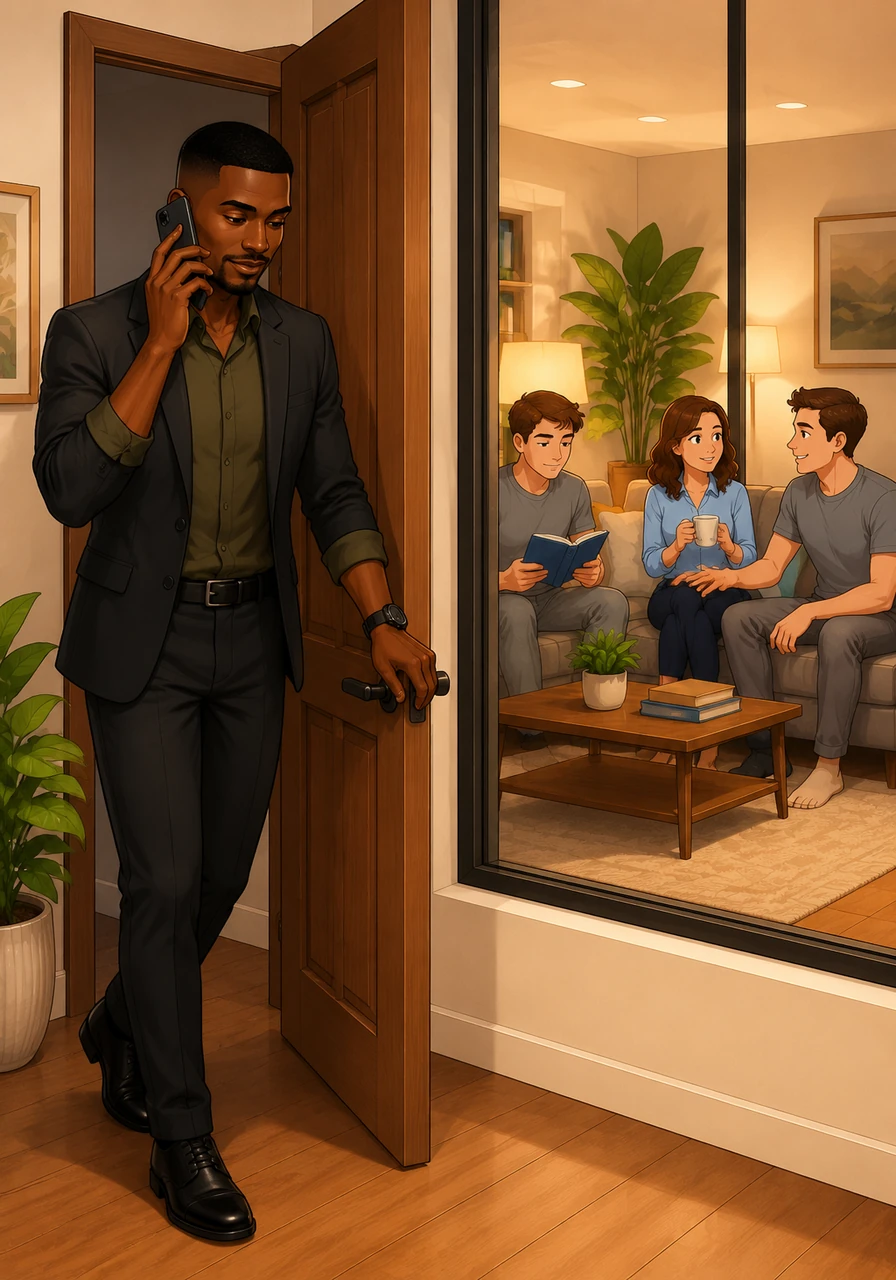 In another part of the house, a staff member steps quietly into a private office to answer a personal phone call, closing the door gently behind them. The main living room remains a calm, relaxing sanctuary where Oliver and his housemates can read and chat without being disrupted by loud, private conversations. This simple act of privacy creates an atmosphere of profound mutual respect.