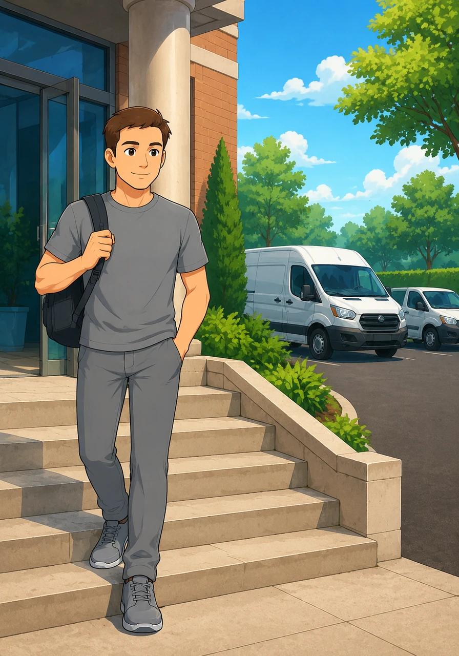 Outside, the driveway is clean and the air is crisp and completely free of any unpleasant smoke or strong, unprofessional odors. Oliver walks down the front steps with a light heart, appreciating a workspace and home environment that feels entirely healthy, welcoming, and safe. Staff vehicles are parked neatly, reflecting a high standard of care.