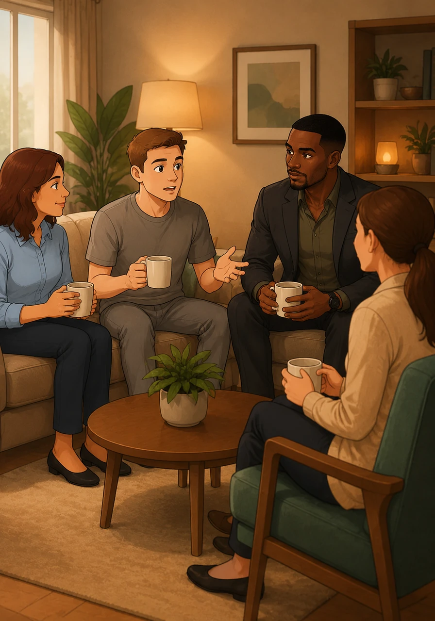 A gentle meeting takes place in the cozy living room where Oliver and the home's supervisor, Eric, sit together with the rest of the staff. Everyone holds mugs of warm tea, listening intently as Oliver shares his ideas for a safer, more considerate household. The atmosphere is collaborative, filled with nodding heads and a shared commitment to doing better.