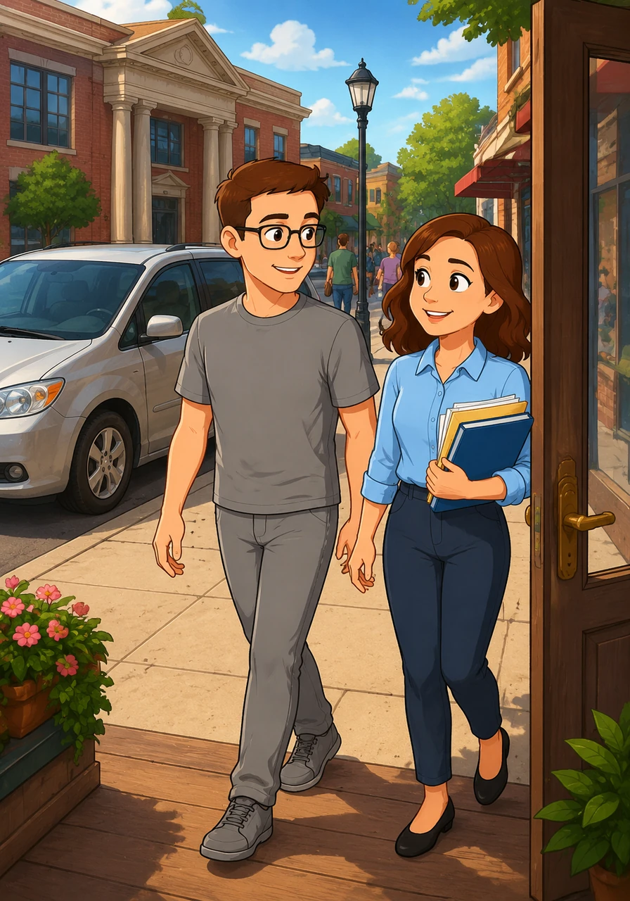 The silver minivan makes a pleasant, orderly stop at the vibrant shop on Broadway right next to the local Maine Savings Bank. Oliver and his support staff walk inside together to choose a refreshing drink, sharing an easy smile that shows true companionship and professional care. The community around them feels bright, interconnected, and safe.