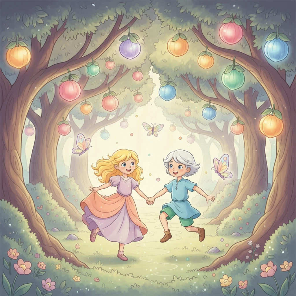 Lumi and Sol, the Gemini twins, skipped hand-in-hand into the shimmering, pastel-colored Fruit Garden. Giant trees, laden with glowing fruits, reached towards the sky like welcoming arms. Butterflies with rainbow wings fluttered around them, their tiny bells tinkling a sweet melody.