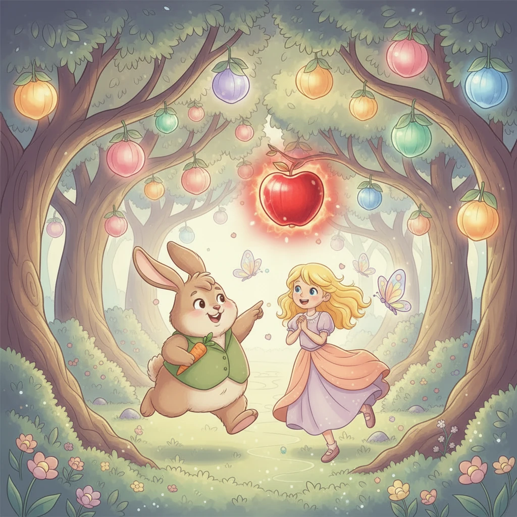 A plump, giggling bunny hopped up to Lumi, pointing with a carrot to a radiant, ruby-red apple. "That's the Strength Apple!" she squeaked. "It's full of energy!" The apple pulsed with a warm, inviting light, promising a burst of power.