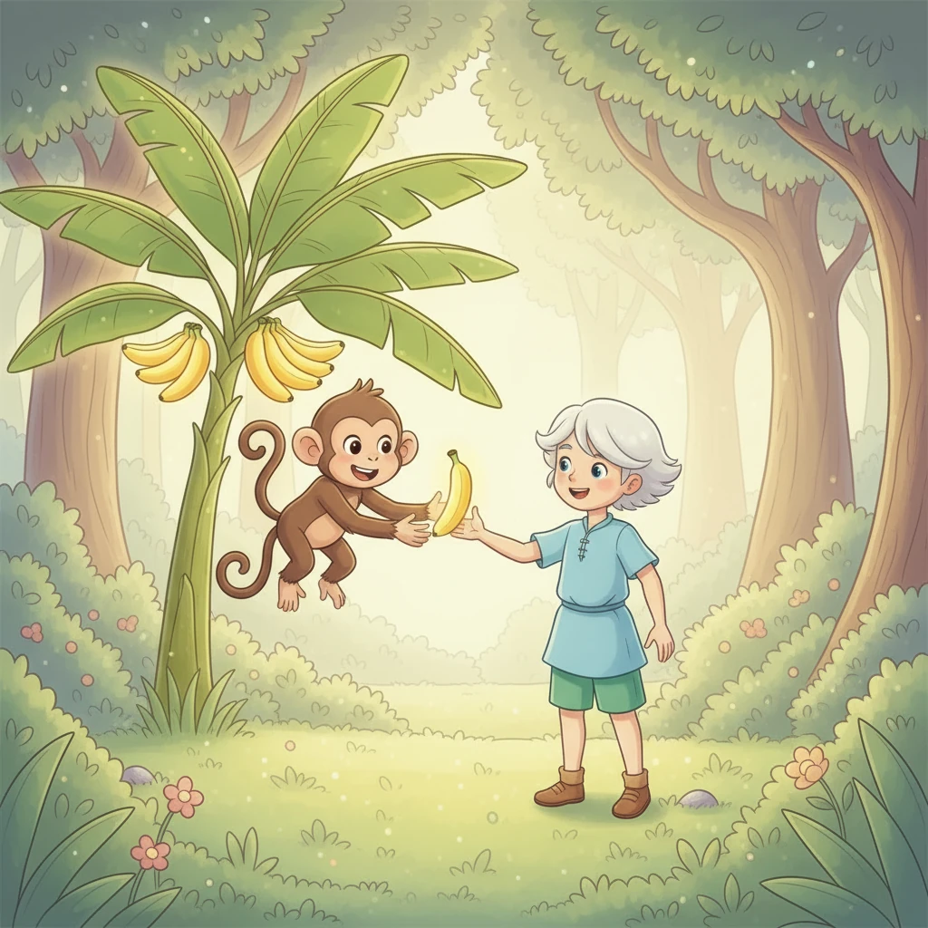 Sol spotted a bright yellow banana tree, each banana radiating a golden glow. A cheerful monkey swung down, offering a banana. "These are the Happiness Bananas!" he chattered. "They bring smiles and joy!"