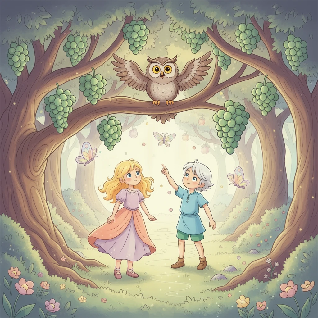 Next, they discovered a tree of emerald green grapes. A wise old owl perched on a branch, hooting, "The grapes hold the Secrets of Growth! They help you become strong and healthy, just like the trees!"