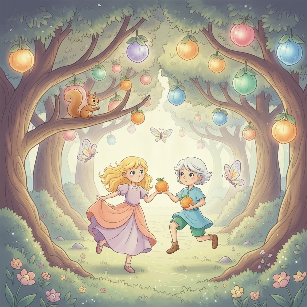 As they explored further, they met a playful squirrel, who showed them a tree of sparkling orange oranges. "These are the Health Oranges!" he chirped. "They keep you safe and well!" Lumi and Sol each took an orange, feeling a surge of energy.