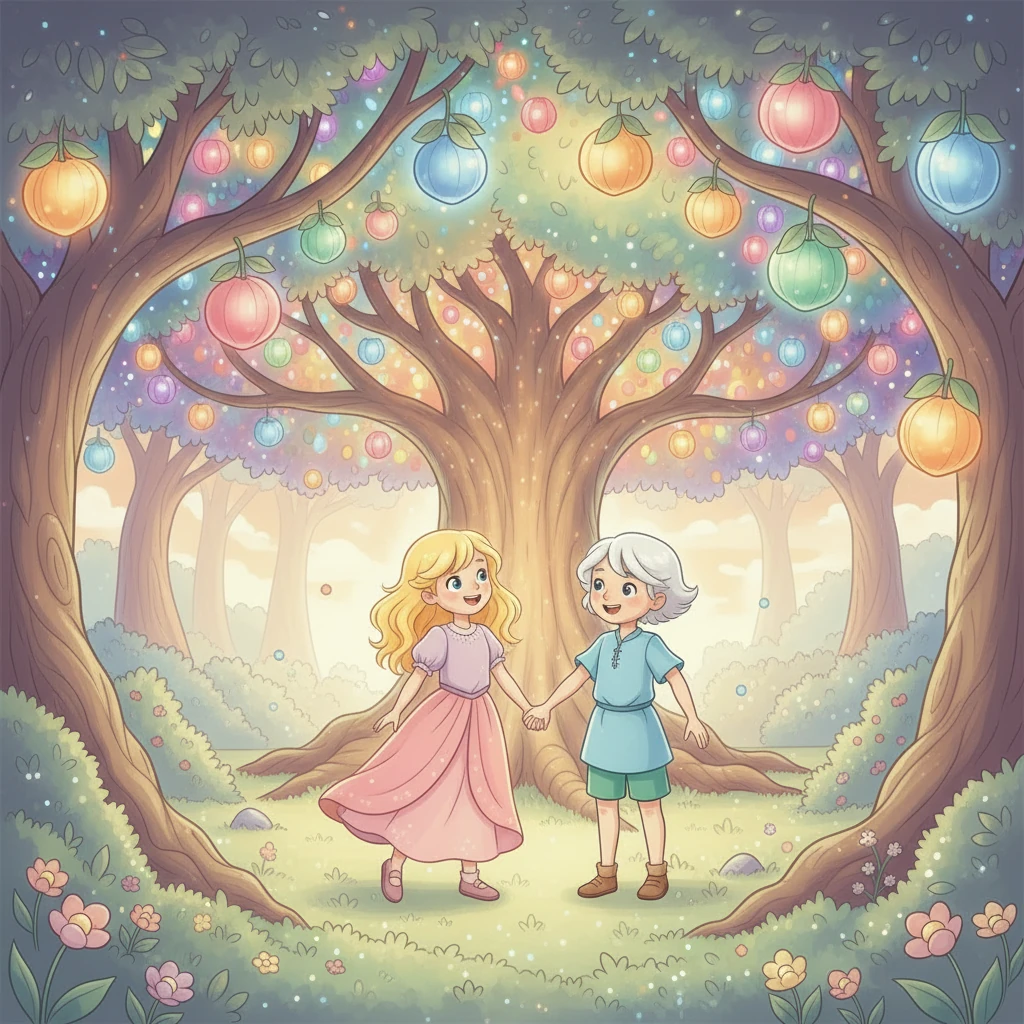 Finally, the twins stood beneath a giant, shimmering rainbow tree. All the fruits combined their light, creating a dazzling display. They understood: a healthy body, a happy heart, and the strength to grow are the greatest treasures of all. They smiled at each other, ready for more adventures in Geminia.