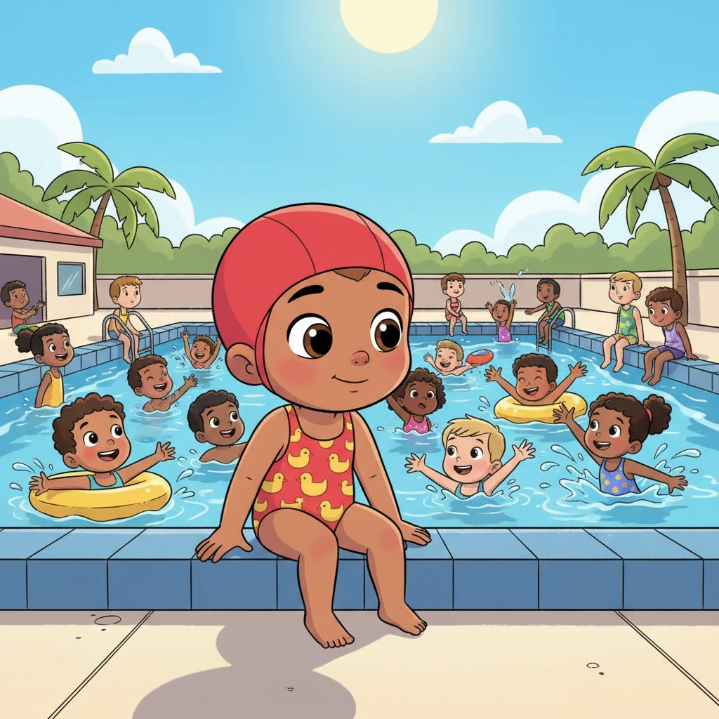 The sun shone brightly on the bustling pool, filled with laughter and happy splashes. Little Pippa, with her bright red swimming cap, watched other kids from the edge, her eyes sparkling with curiosity.