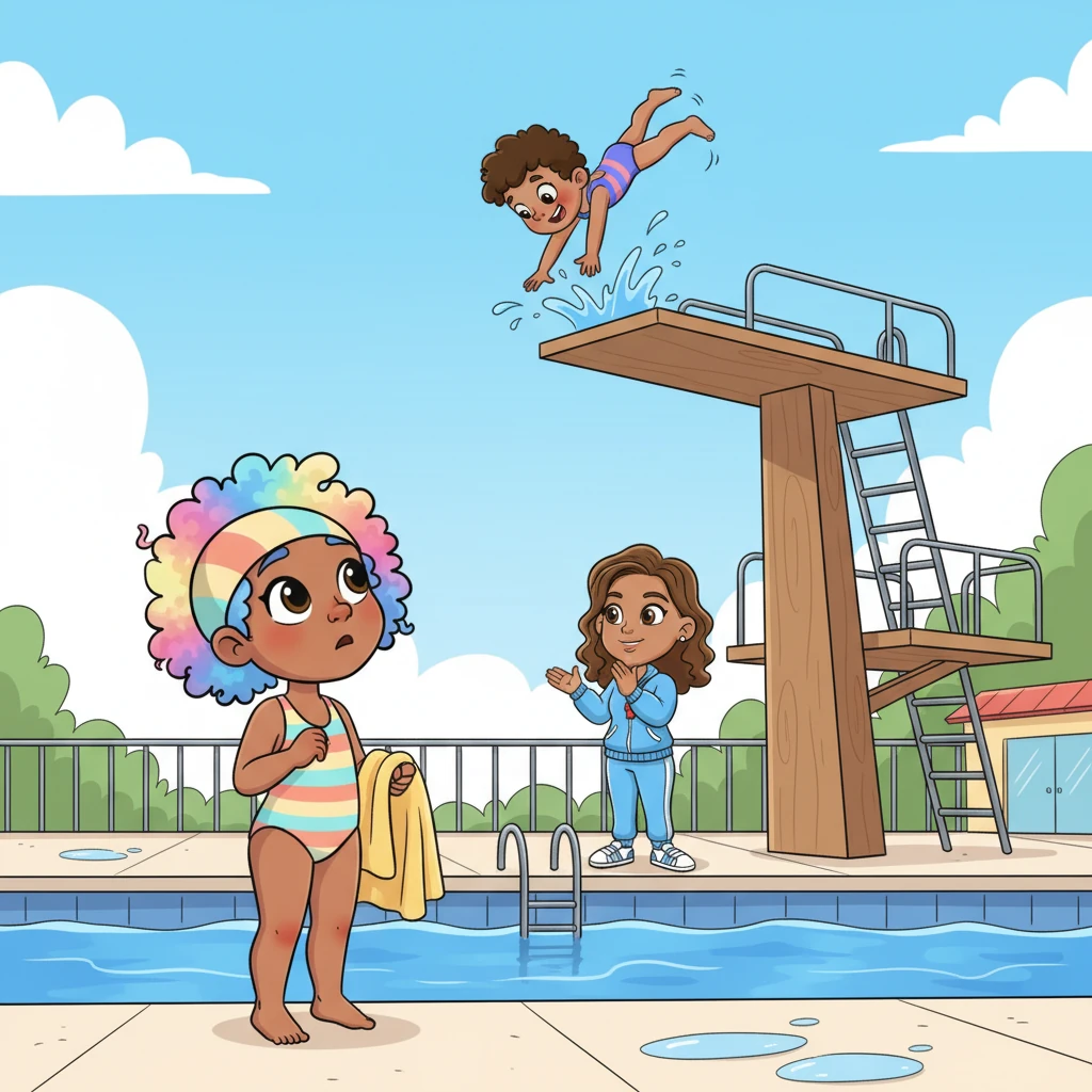 Her gaze kept drifting to the tall, wobbly diving board, where brave kids performed amazing flips and dives. Pippa felt a tiny flutter of excitement mixed with a little tickle of nerves.