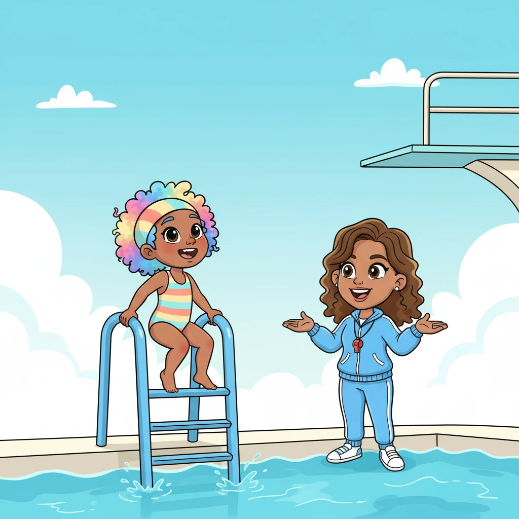 She walked towards the bright blue ladder, her heart doing a happy little drumbeat. Each step up was a mini-climb to courage, bringing her closer to the sky and the sparkling water below.