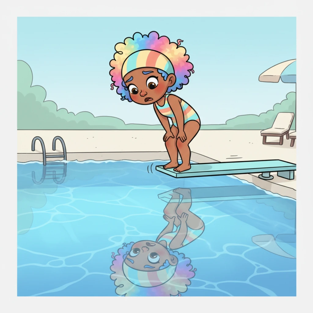 Pippa stood at the very edge of the diving board, feeling the bouncy spring beneath her feet. She looked down at the shimmering blue water, where her reflection wiggled back up at her, looking a little nervous but also very determined.