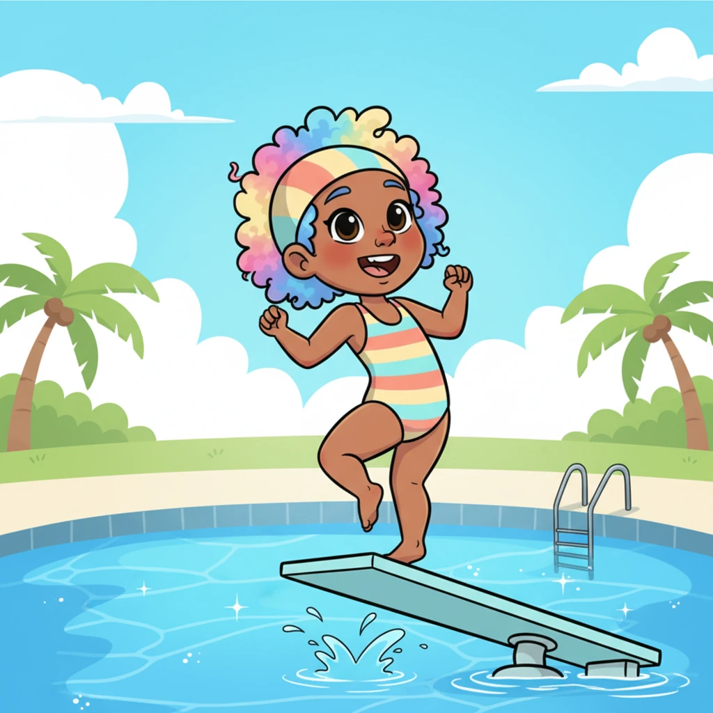 Suddenly, a playful idea popped into her head: a backward jump! She giggled, imagining the giant splash she would make. Turning around carefully, Pippa wiggled her toes, ready to launch.