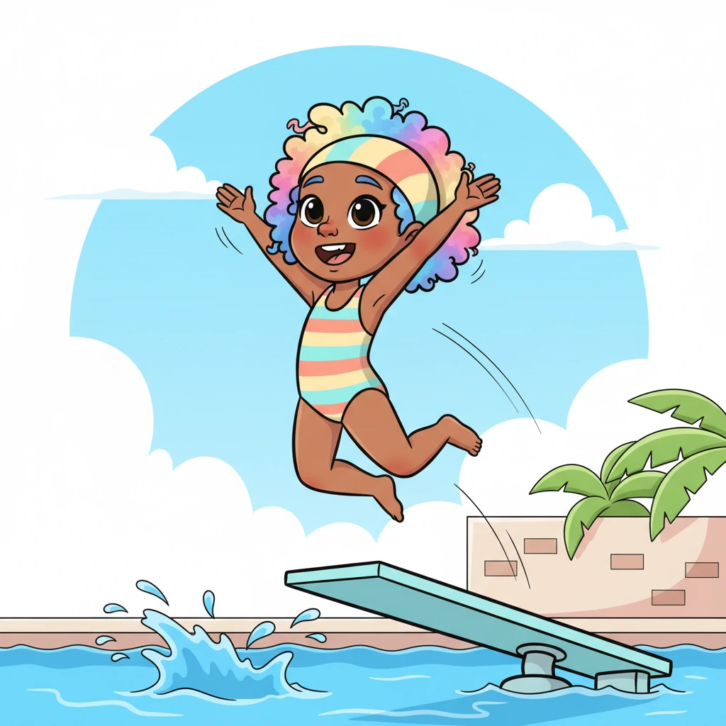 With a joyful whoop and a mighty push, Pippa leaped off the board! Her arms and legs flew through the air like a happy starfish, defying gravity for a magical moment.