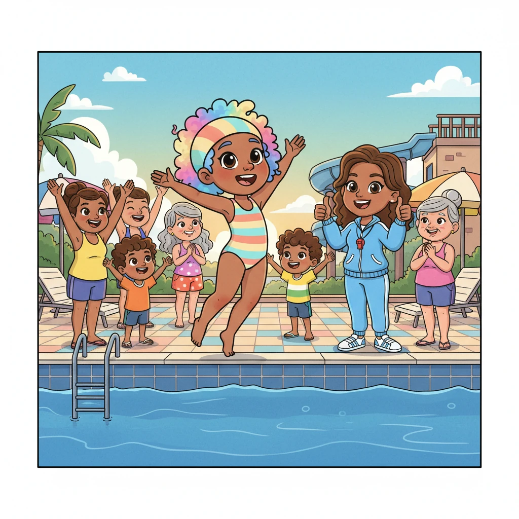 From the poolside, her friends and family cheered loudly, giving her big thumbs-up and happy claps. Pippa waved back, already dreaming of her next brave adventure and the fun that awaited.