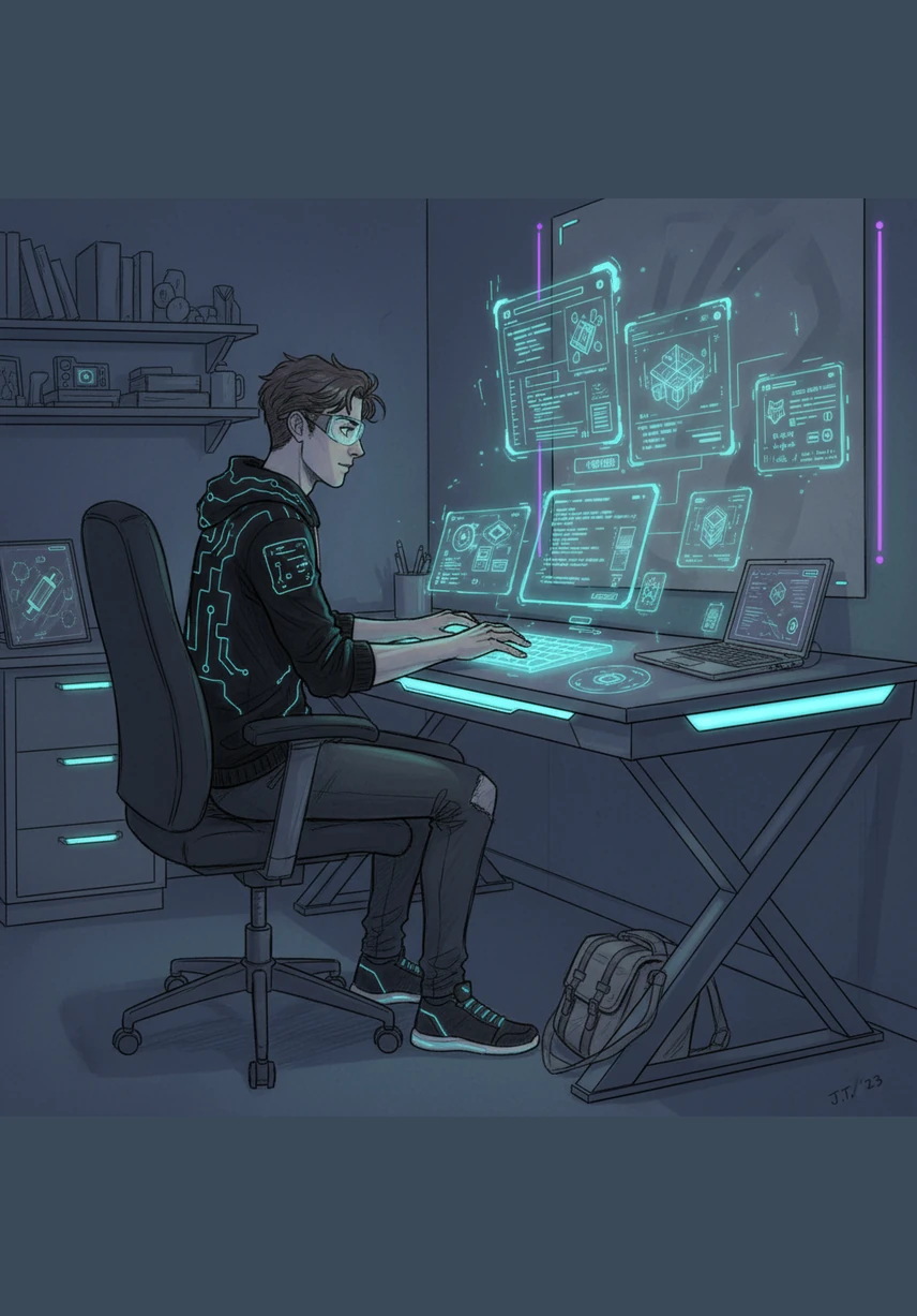 Alex sits at a sleek, glowing desk, ready to start a digital journey that will test every skill learned so far. The room is filled with soft neon lights and holographic displays that shimmer in the quiet evening air.