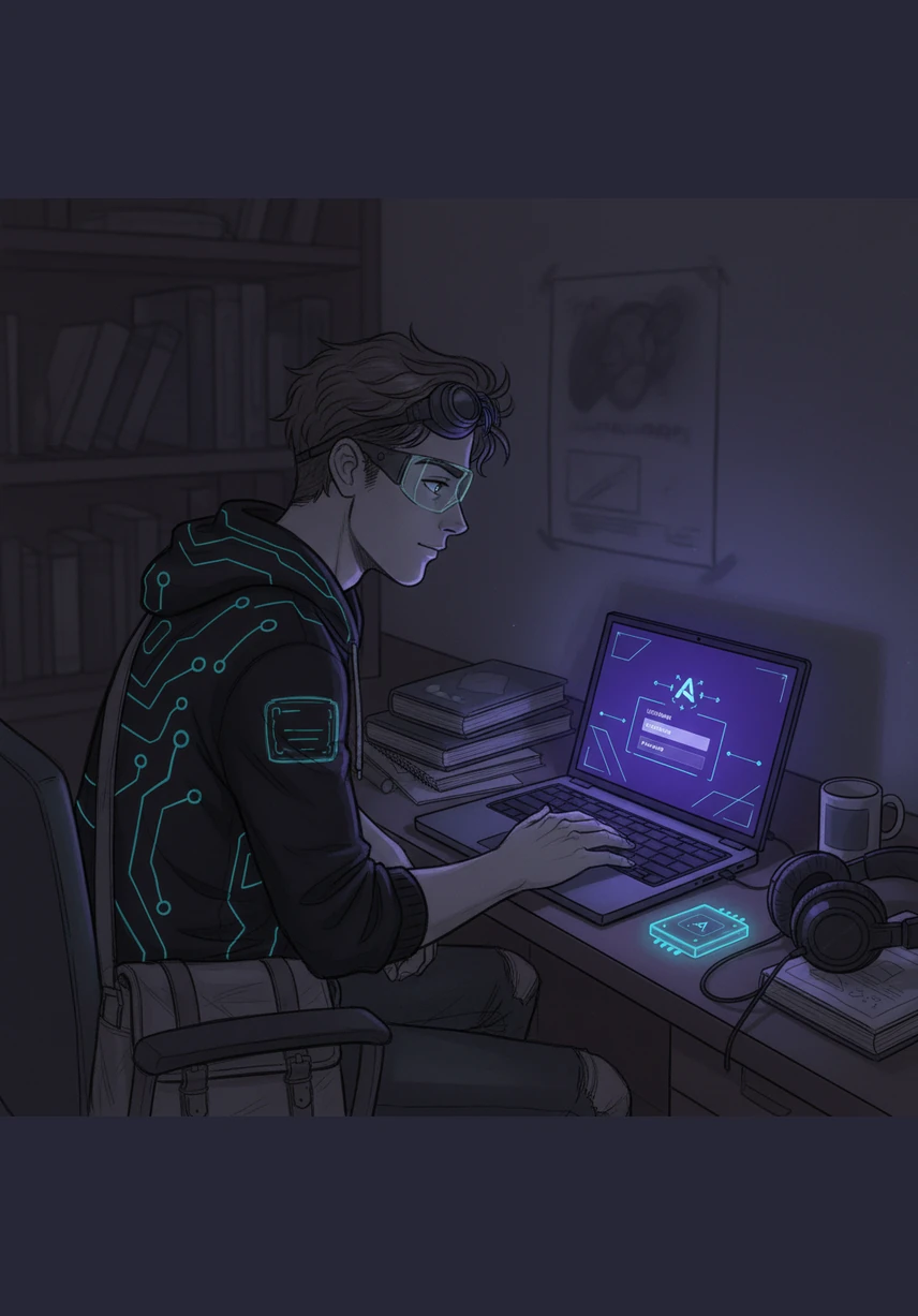 The laptop screen glows with a modern login interface, featuring minimalist lines and a deep indigo palette inspired by the NextWave design aesthetic. Alex enters the credentials, and the system responds with a smooth, welcoming animation.