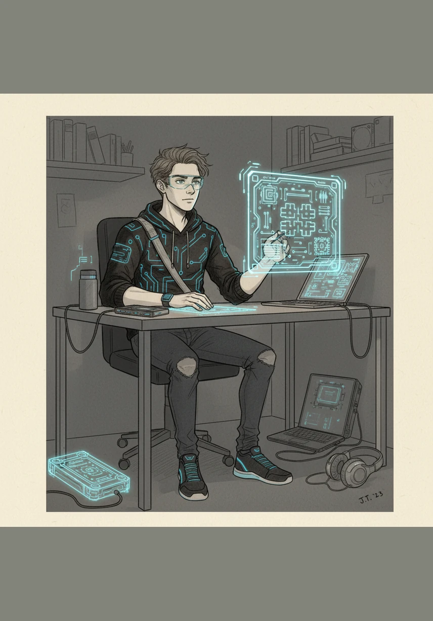 The first question appears on the screen, presenting a sophisticated logic puzzle framed by crisp typography and subtle glowing borders. Alex reads carefully, the reflection of the interface dancing in the young student's eyes.