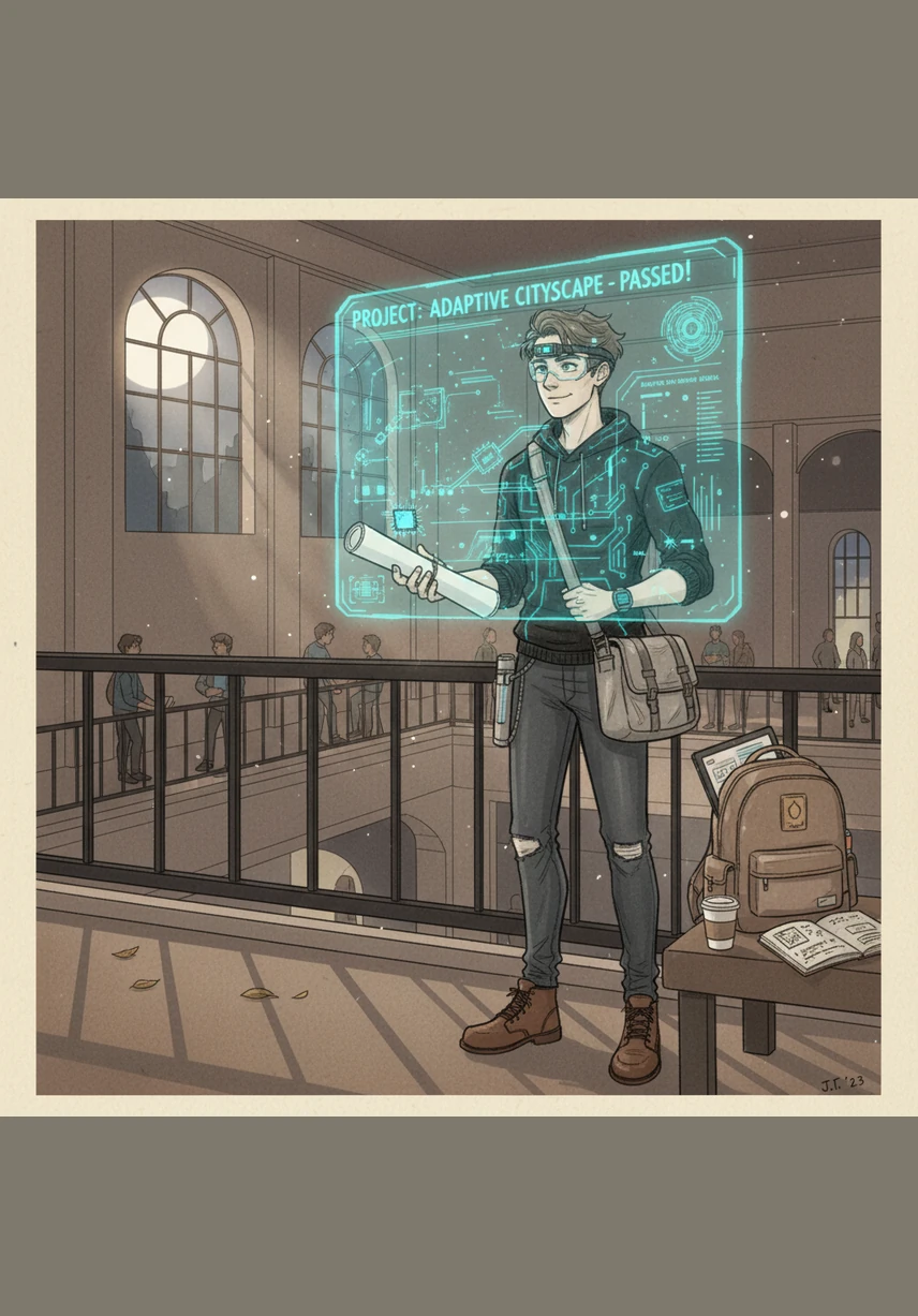 The final and most difficult question is answered with a confident click, sending the data into a whirlwind of processing animations. Geometric shapes spin and merge on the screen as the system calculates the performance metrics in real-time.