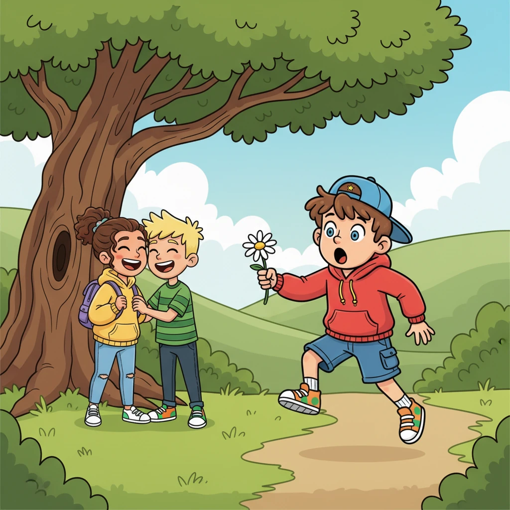 Pip was skipping along, whistling a happy tune, ready to surprise Lily with a freshly picked daisy. Suddenly, the world tilted sideways as his eyes locked onto a shocking sight. There, by the old oak tree, was Lily, laughing giddily with another fellow, their heads practically touching! Pip froze mid-step, the daisy wilting slightly in his trembling paw.