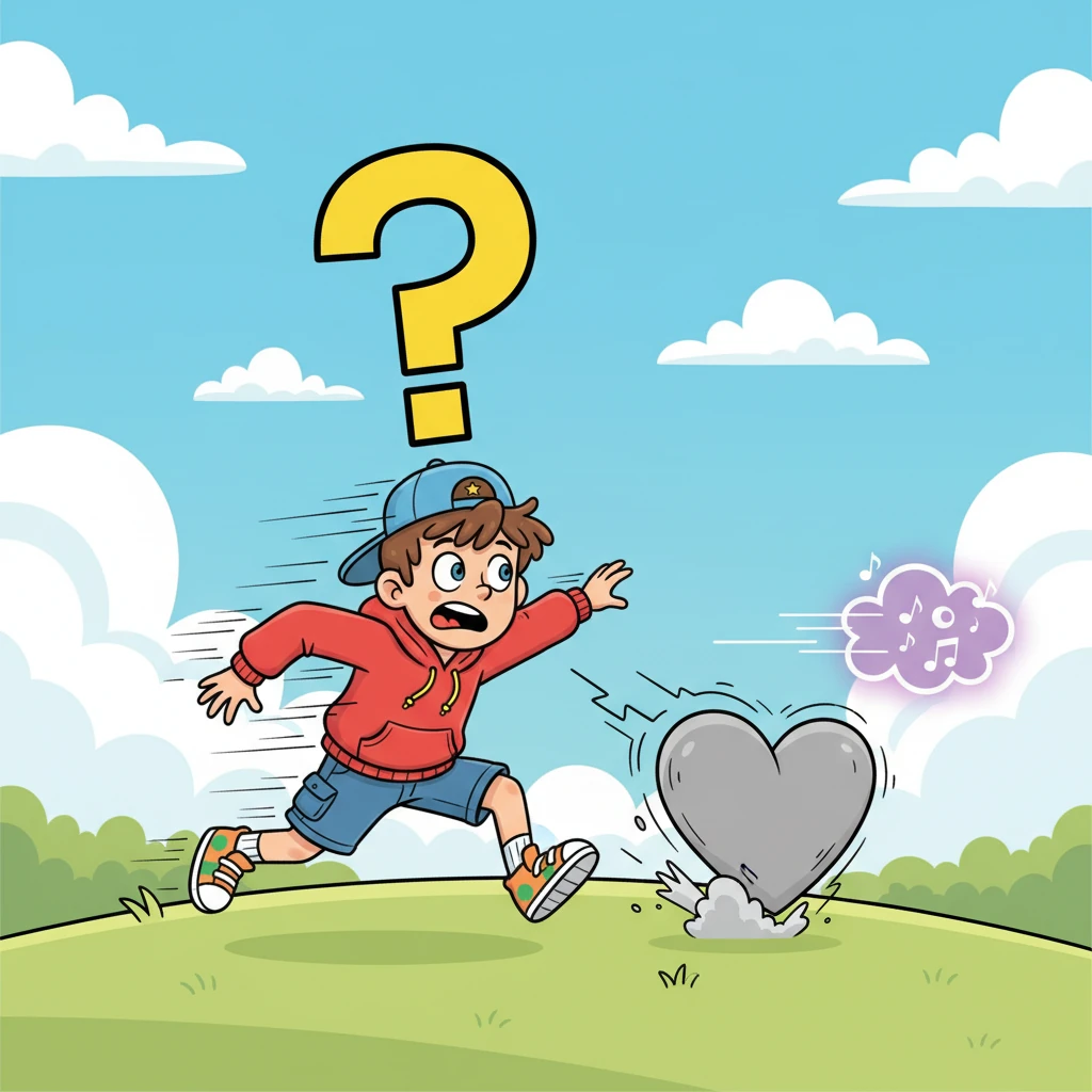 A giant, cartoonish question mark seemed to hang over Pip's head as his cheerful skip turned into a frantic scramble. His heart, usually light and bouncy, felt like a heavy stone tumbling down a hill. He didn't want to see another second of that mysterious laughter, so he zoomed off in a blur of blue fur and confused thoughts.