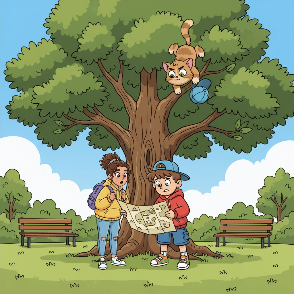 For a better vantage point, Pip bravely (and somewhat clumsily) climbed the tallest tree in the park. He ended up tangled in branches, his tail twitching in annoyance as he dangled precariously. From his leafy perch, he watched as Lily and the other guy unfurled a giant map, pointing and whispering intently. 'A secret treasure hunt?' Pip wondered, his imagination running wild.
