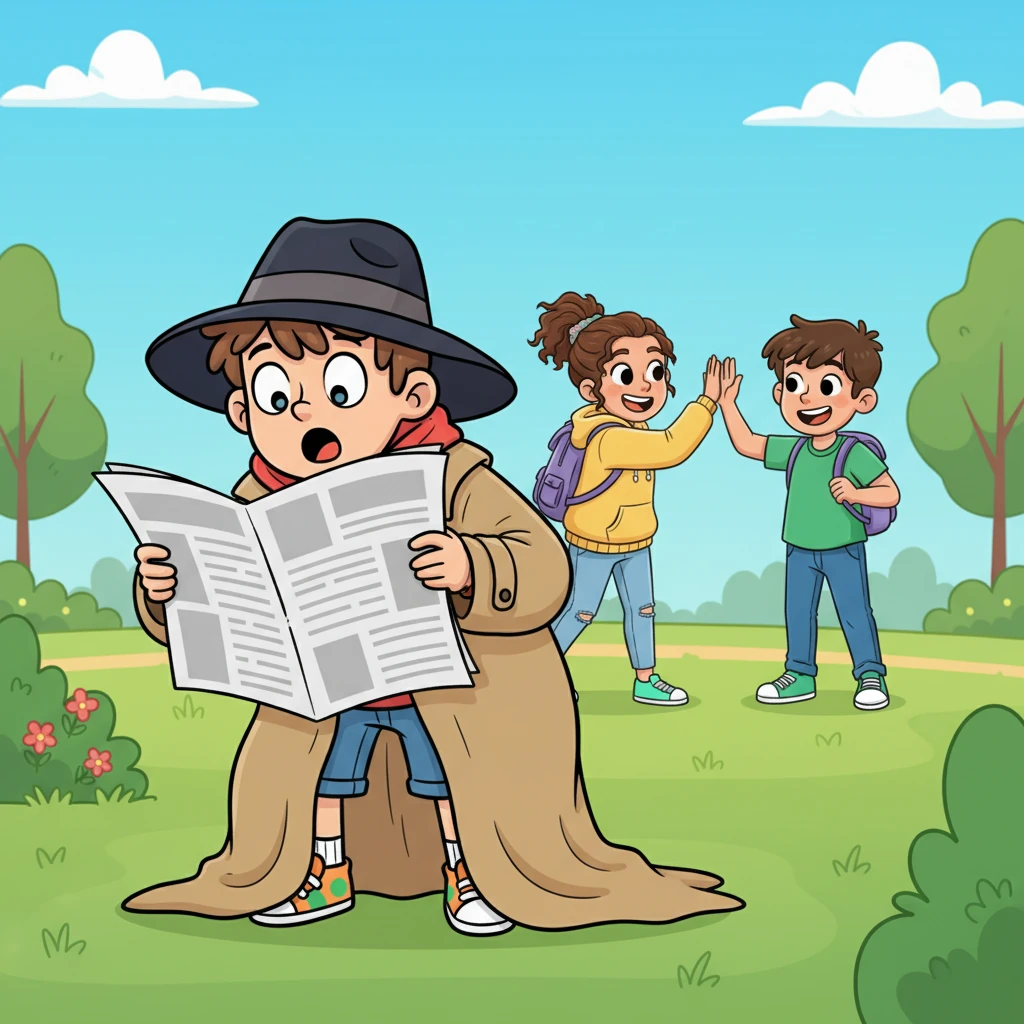 Pip decided a disguise was essential for his undercover operation. He donned an enormous trench coat that tripped him with every step and a fedora that kept slipping over his eyes. Peeking over a newspaper, he gasped as Lily and the other guy shared a friendly high-five, their faces beaming with shared excitement. 'They're definitely plotting something!' he thought, his detective brain buzzing.