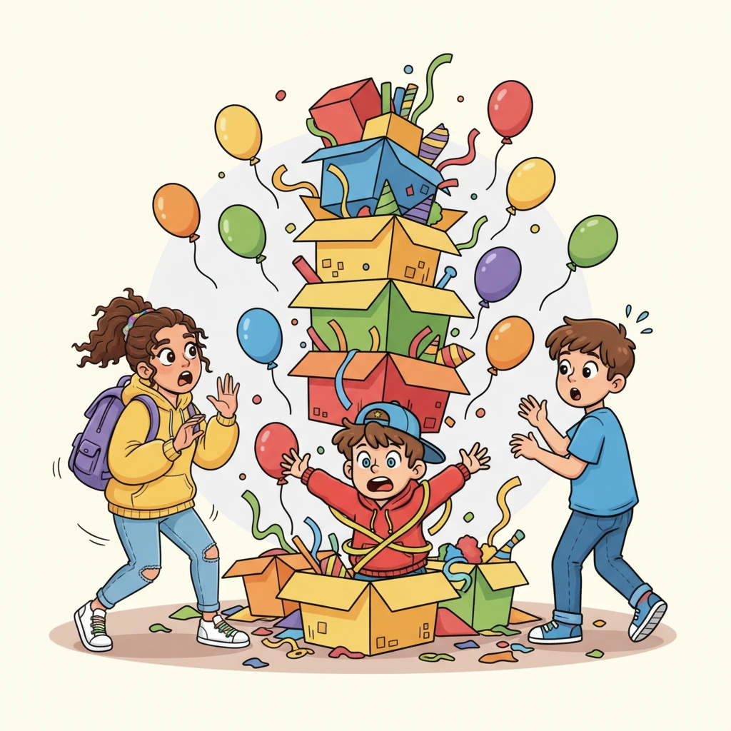 Pip's stealth mission took an unexpected turn when he bumped into a towering stack of colorful boxes filled with party supplies. CRASH! The boxes tumbled down, scattering streamers and balloons everywhere, revealing Pip in his oversized disguise. Lily and the other guy spun around, wide-eyed and startled by the sudden commotion, their secret planning momentarily forgotten.
