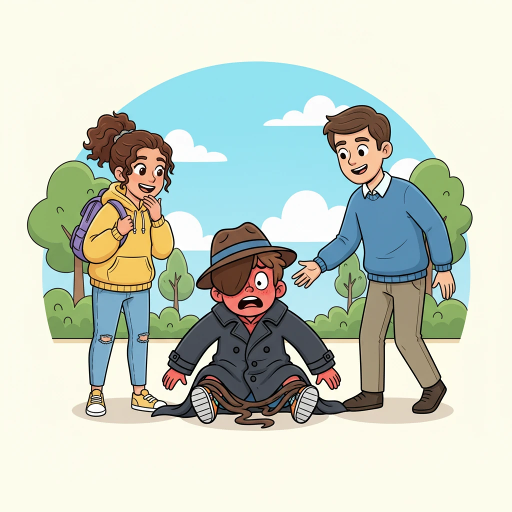 Lily giggled softly as she saw Pip, his fedora askew and his trench coat tangled around his ankles. 'Pip, what in the world are you doing?' she asked, her voice warm and friendly. The other guy, who looked surprisingly kind, stepped forward with a chuckle. Pip's cheeks flushed a bright red as his elaborate spy mission crumbled.