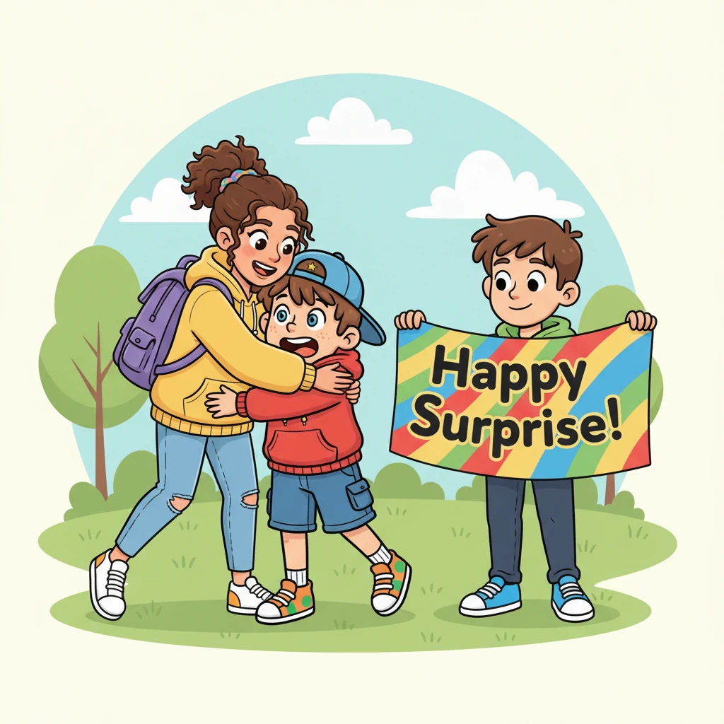 Lily gently pulled Pip into a comforting hug, explaining, 'Pip, this is my cousin, Leo! We were planning a surprise party for you!' Leo unfurled a vibrant banner that read 'Happy Surprise!' Pip's jaw dropped, his heart doing a happy little flip-flop. All his worried suspicions melted away like ice cream on a sunny day.