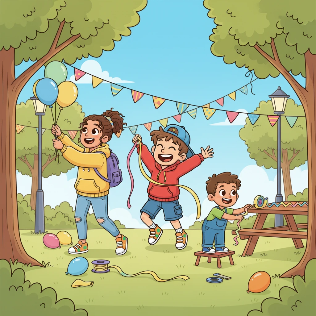 A wave of relief washed over Pip, quickly replaced by a burst of pure joy. He laughed, a genuine, hearty laugh, as he realized his silly misunderstanding. Together, Pip, Lily, and Leo started decorating, their laughter echoing through the park as they hung balloons and streamers, making everything bright and festive.