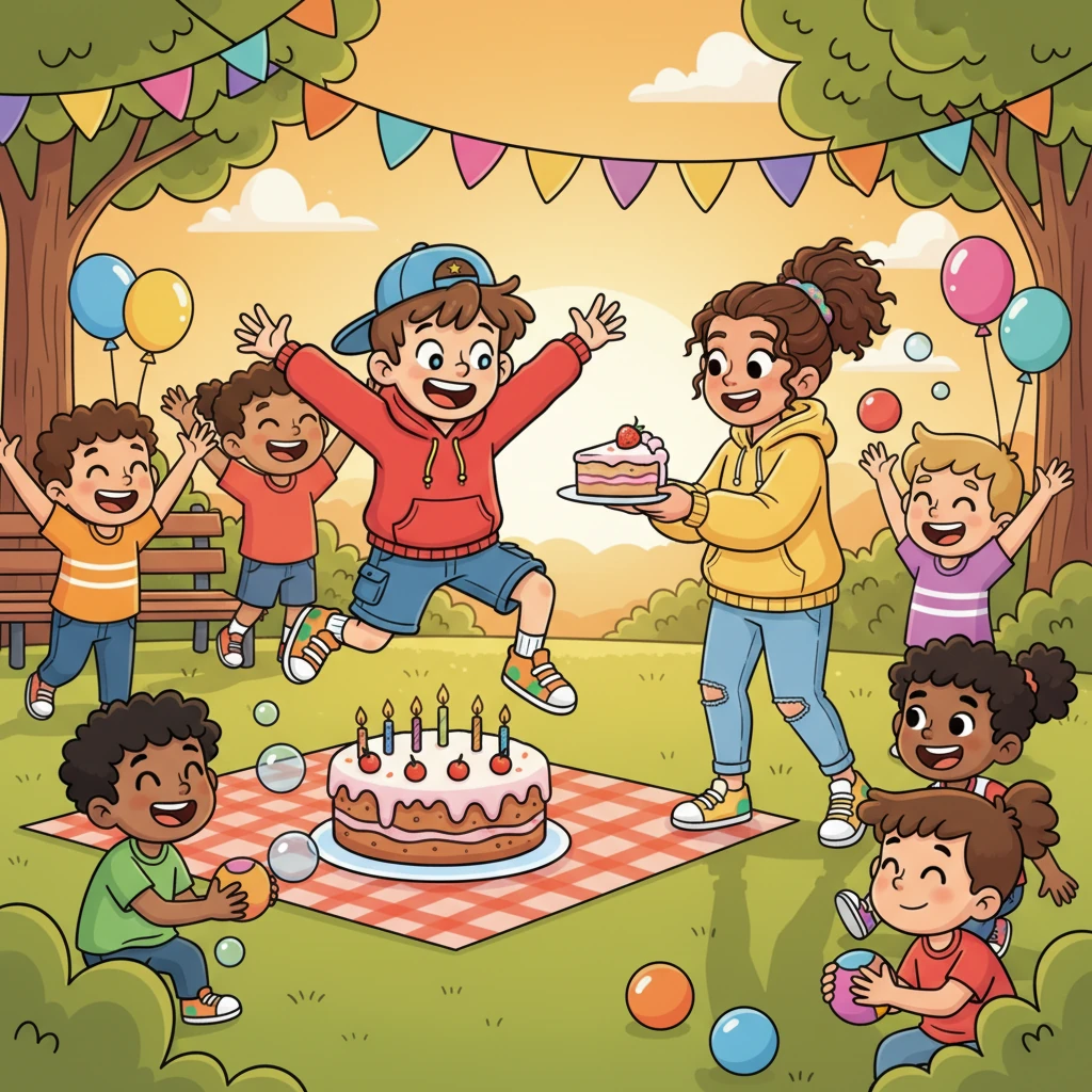 The park transformed into a lively party, filled with colorful decorations, delicious cake, and joyful games. Pip, surrounded by his friends and his thoughtful girlfriend, felt like the luckiest little guy in the world. It was the best surprise ever, a day full of laughter and the wonderful realization that sometimes, things aren't always what they seem at first glance.