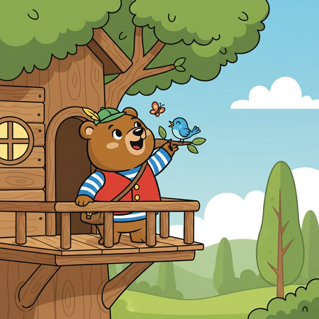 Pily, um urso simpático e curioso, vivia em uma aconchegante casa na árvore no meio da floresta. Sua casa era feita de madeira rústica, com janelas redondas e uma varanda com vista para as árvores altas. Pily adorava acordar com o canto dos pássaros e o cheiro fresco da floresta.