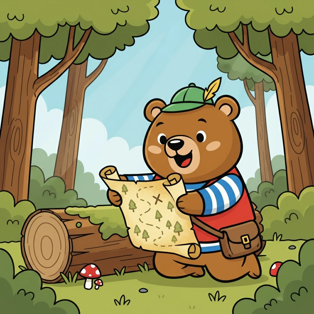 Um dia, Pily encontrou um mapa antigo enrolado em um pedaço de tronco. O mapa prometia um tesouro escondido em algum lugar da floresta. Animado com a descoberta, Pily decidiu que embarcaria em uma aventura para encontrar o tesouro.