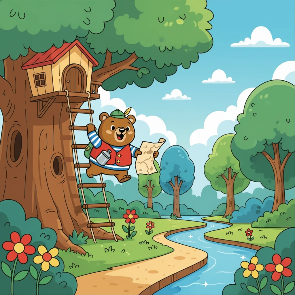 Pily preparou uma mochila com lanches e um cantil de água. Ele desceu de sua casa na árvore e começou sua jornada, seguindo as indicações do mapa. A floresta estava cheia de sons e cores vibrantes, com árvores altas e rios cristalinos.