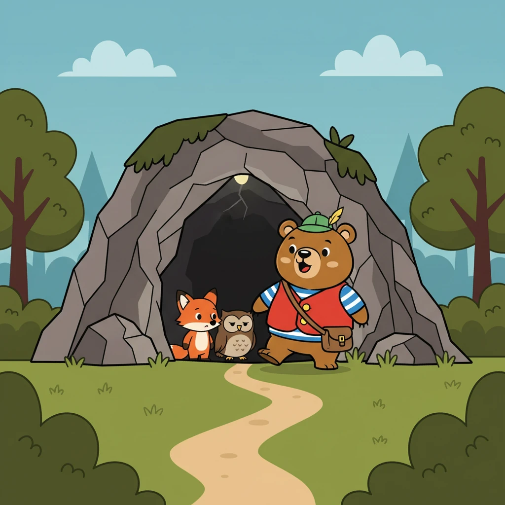 Finalmente, eles chegaram ao local marcado no mapa. Era uma caverna escura e misteriosa. Pily, com coragem, entrou na caverna, seguido por Zeca e Olívia.