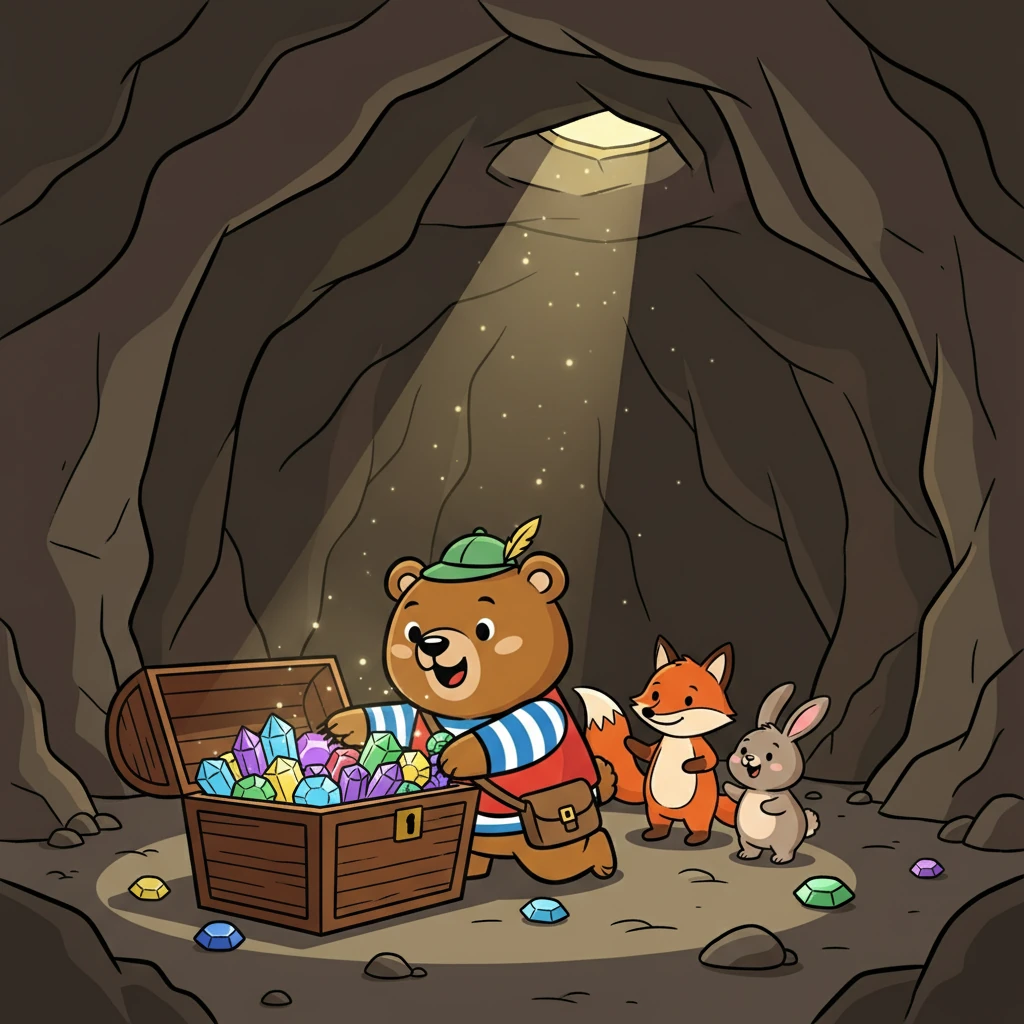 Dentro da caverna, eles encontraram o tesouro: uma caixa cheia de pedras brilhantes e coloridas. Mas Pily percebeu que o verdadeiro tesouro eram os amigos que ele fez ao longo do caminho.