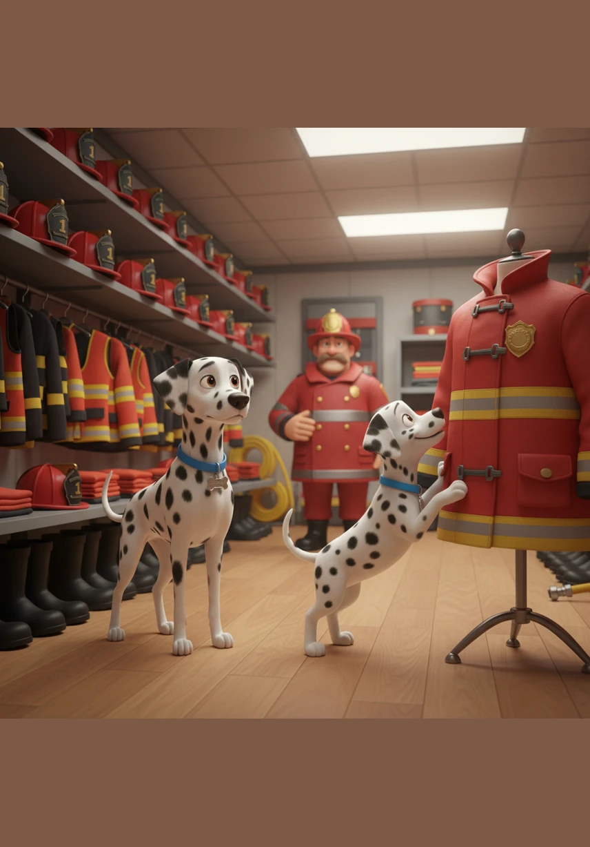 Bobby and Matrix explore the pristine gear room of Station Number Nine, surrounded by perfectly straight helmets and neatly paired boots. While Matrix admires the tidy rows, Bobby stands on his tiptoes to sniff a shiny gold badge, his tail wagging with excitement.