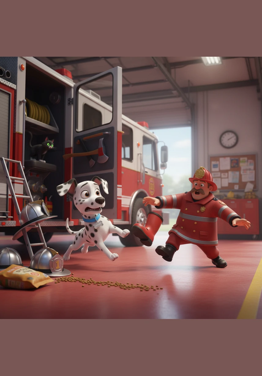 A loud crash echoes through the room as Bobby loses his balance, sending helmets, coats, and boots flying into a giant, messy pile. The fire alarm suddenly blares for a drill, and the two Dalmatian brothers realize they must fix the chaos before the firefighters arrive.