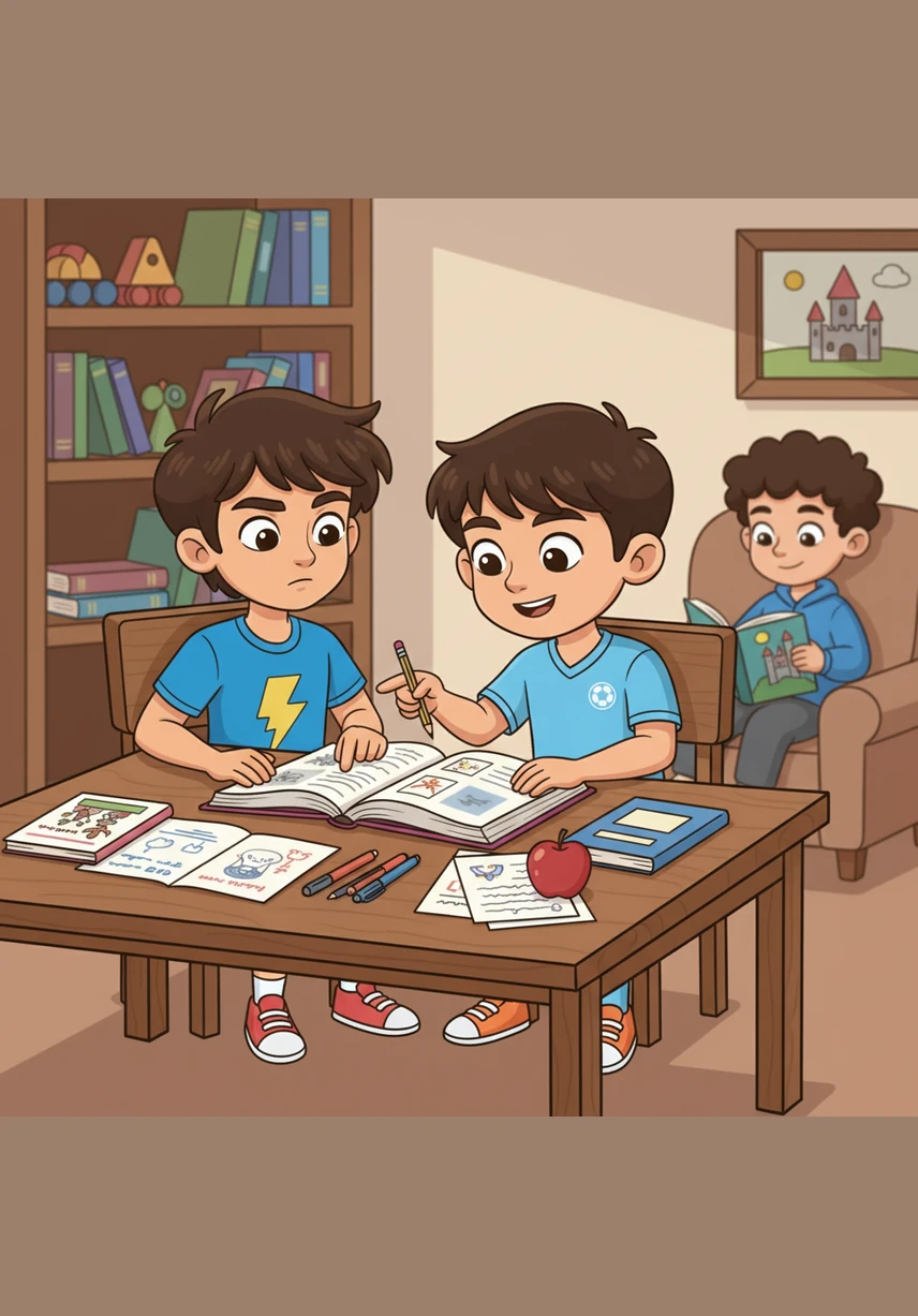 Yusuf takes a break from his own studies to help Ayup with a difficult school assignment. The brothers sit side-by-side at the table, showing how much they value learning and supporting each other's growth.