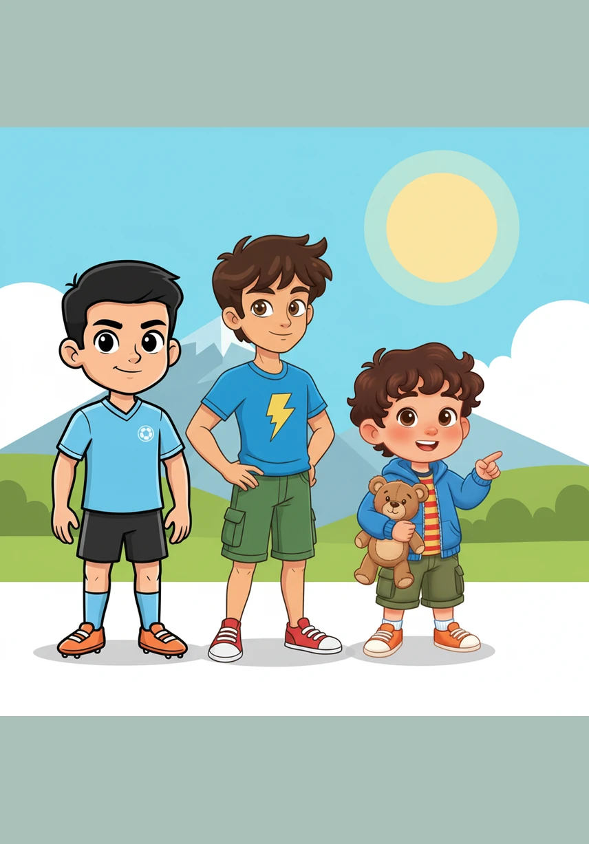 Standing together under a golden sunset, the three brothers look toward the horizon with bright, hopeful eyes. They are a team bound by love, destined to achieve their dreams and make their family proud in the years to come.