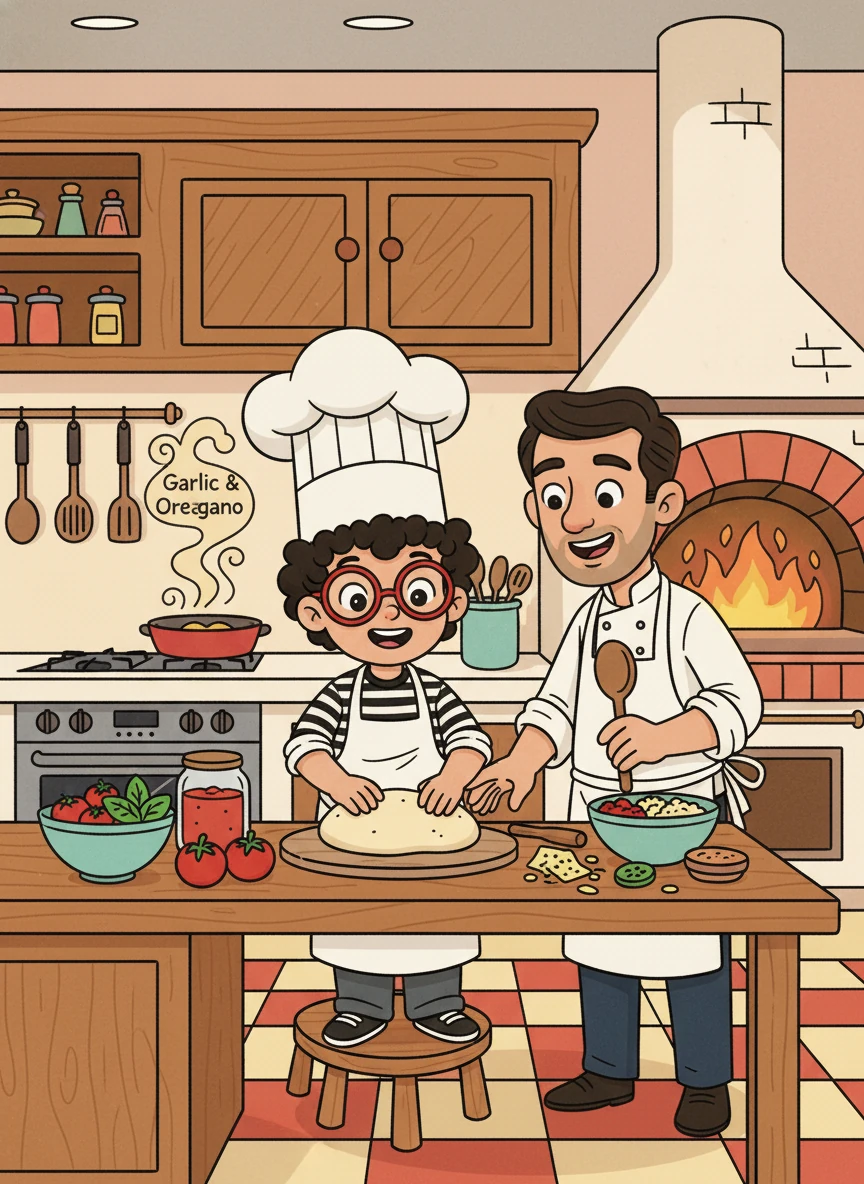 Leo, a young boy with a chef's hat perched on his head, stood excitedly in the kitchen. The aroma of garlic and oregano filled the air. His dad smiled, ready to teach him the secrets of pizza making.