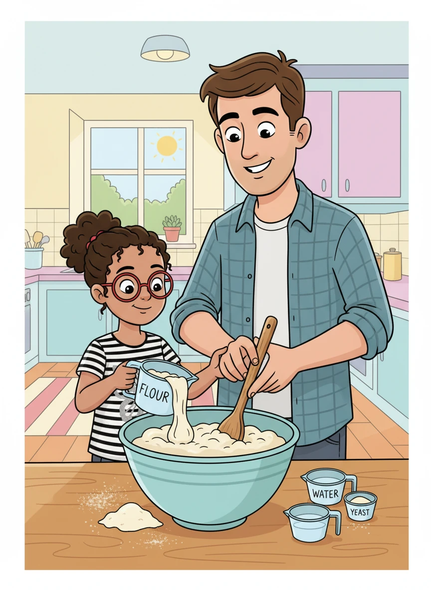 First, they measured out the flour, water, and yeast. Leo carefully poured the ingredients into a big bowl. His dad showed him how to mix them with a wooden spoon, creating a sticky, lumpy mixture.