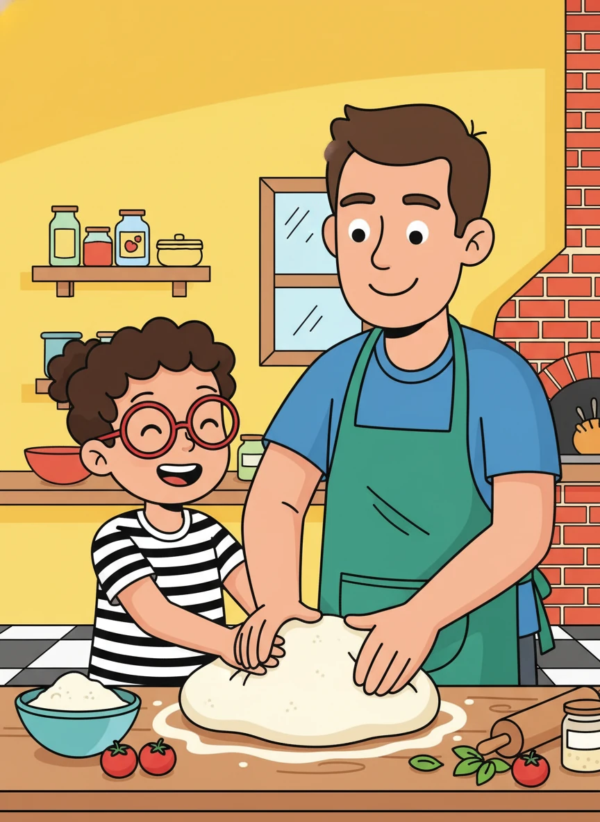Next, Leo's dad showed him how to knead the dough. He gently pushed and folded it, explaining that this would make the pizza crust light and fluffy. Leo tried his best, giggling as the dough squished between his fingers.