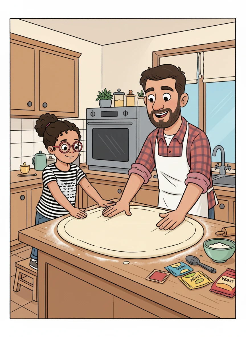 After the dough had rested, it was time to stretch it out. Leo and his dad worked together, flattening the dough into a perfect circle. They made sure it was thin enough to crisp up in the oven.