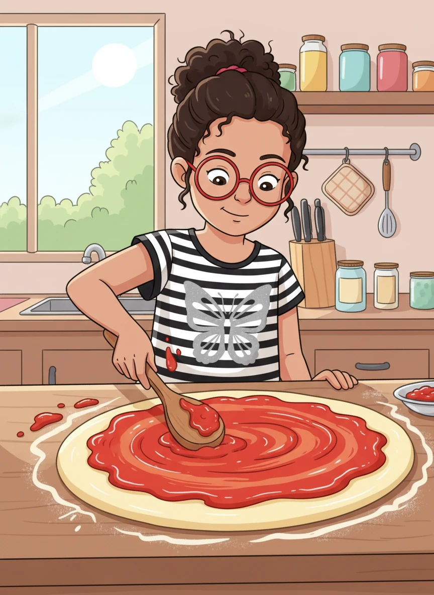 Now for the sauce! Leo spread a vibrant red tomato sauce all over the dough. He carefully avoided the edges, making sure there was enough space for the crust to rise.
